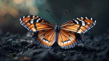 Fototapeta premium A vibrant butterfly resting on dark earth