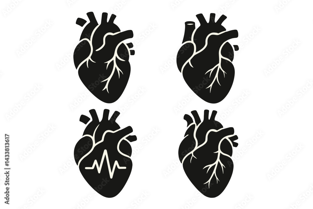 Poster collection of heart icons showcasing different styles and designs for creative projects and applicat