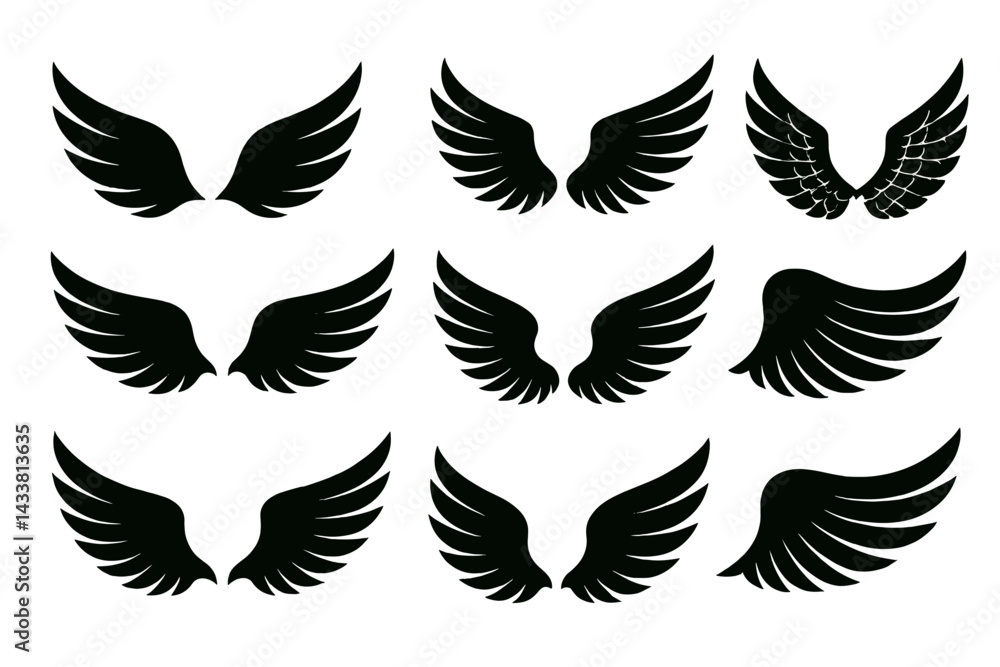 Poster icon set featuring various styles of wings designed for creative projects and digital applications
