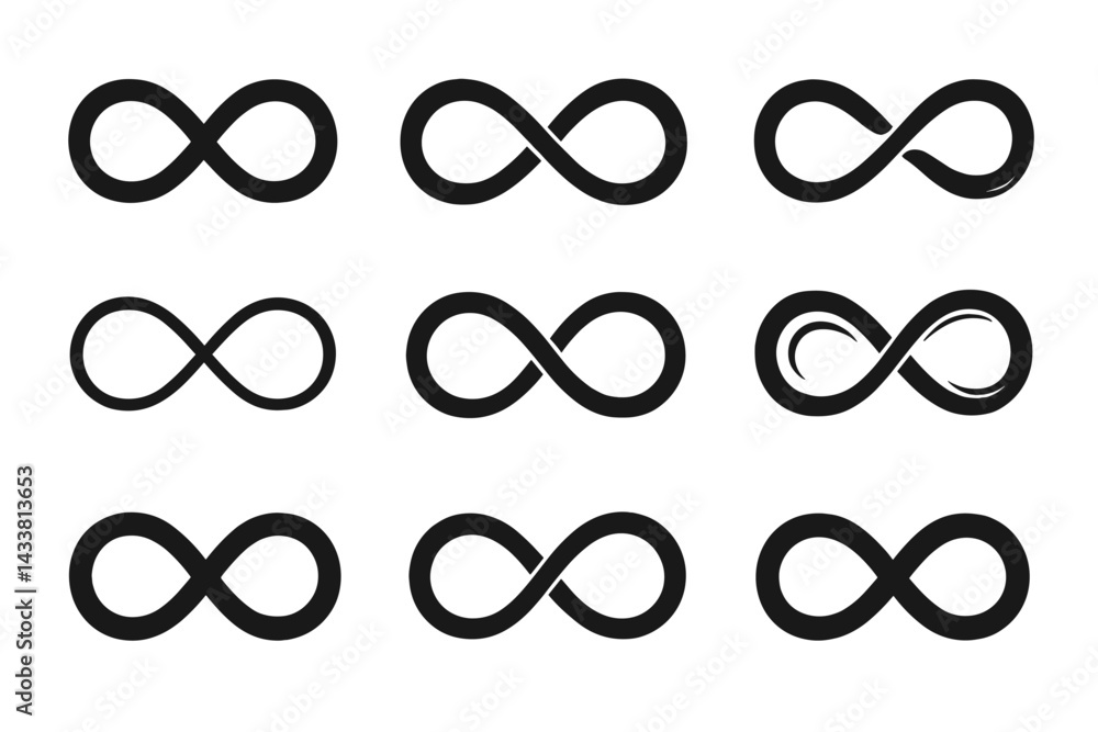 Poster set of minimalist black infinity symbols arranged in a grid showcasing different styles and designs 