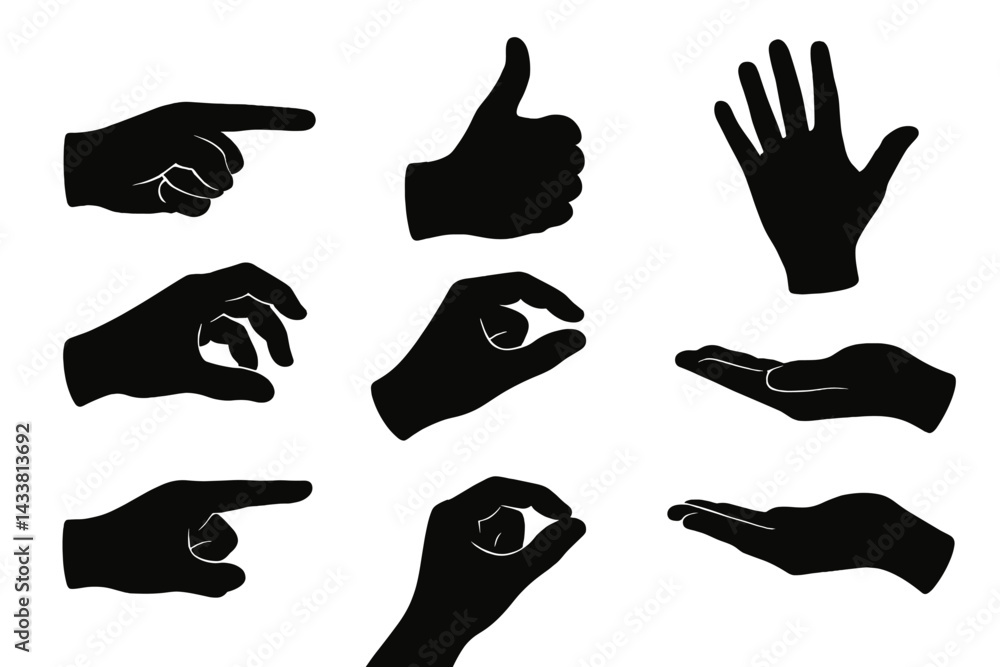 Poster icon set featuring hand gestures for communication and expression in various contexts