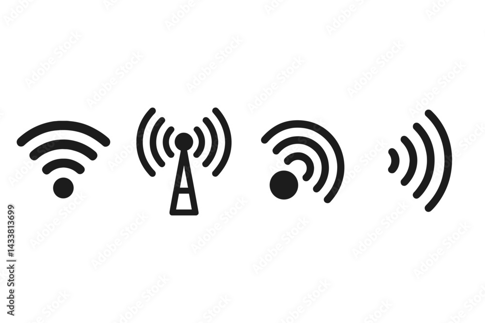 Poster icon set depicting various wireless signal representations and transmission concepts in minimalistic