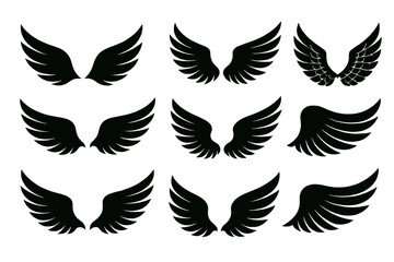 Icon set featuring various styles of wings designed for creative projects and digital applications