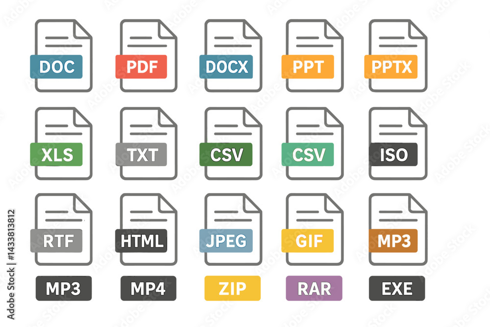 Poster icon set representing various file formats for digital documents and media types