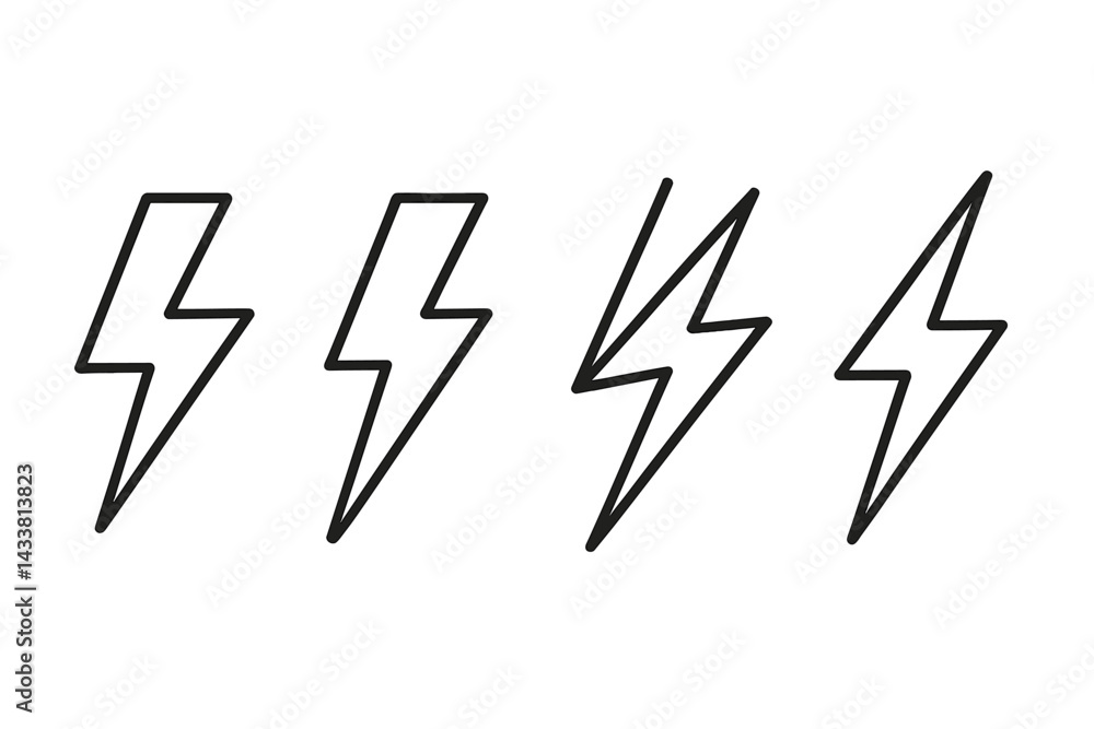 Poster icon set featuring four distinct lightning bolt designs for graphic use in digital projects and appl