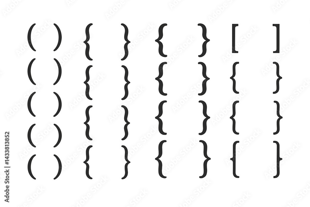 Aufkleber icon set featuring various brackets and grouped symbols for design applications and programming