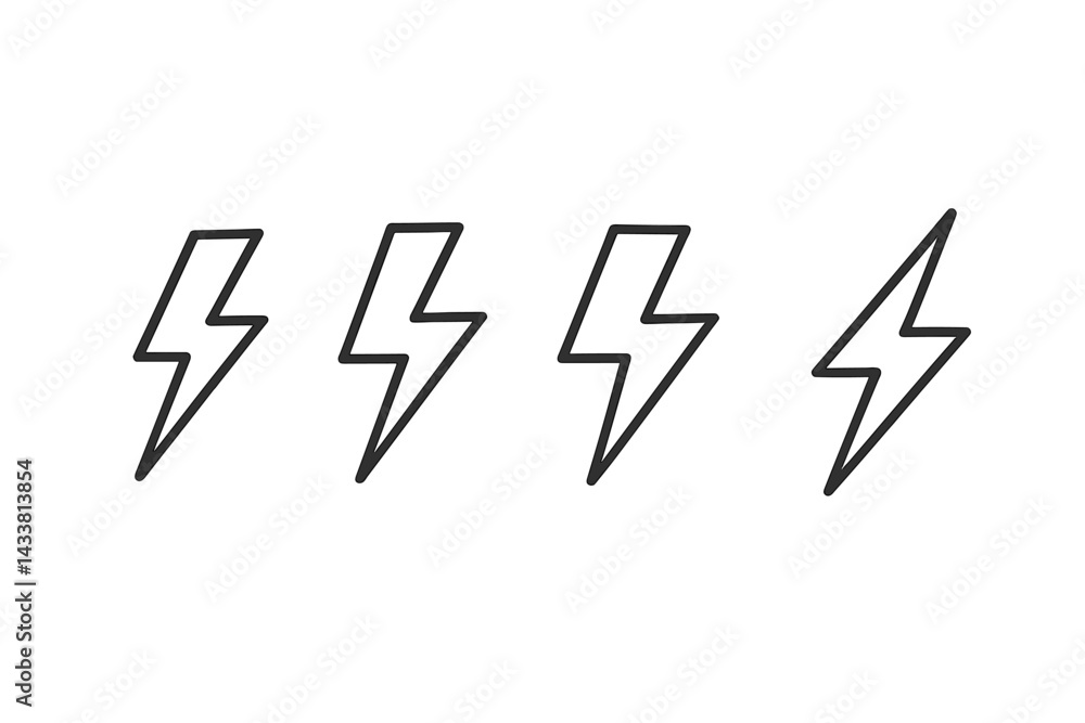 Poster icon set showcasing four lightning bolt designs in simple outline style for use in various digital a