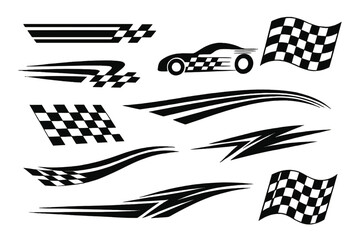 Icon set featuring checkered flags, racing stripes, and car silhouette for motorsport design projects