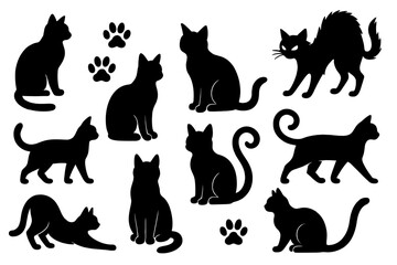 Collection of black cat icons showcasing different poses and silhouettes for creative projects