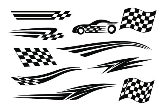 Icon set featuring checkered flags, racing stripes, and car silhouette for motorsport design projects