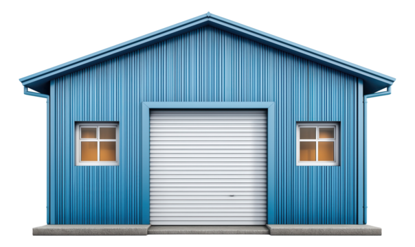 Blue industrial warehouse with roller door and two windows on the front facade.
