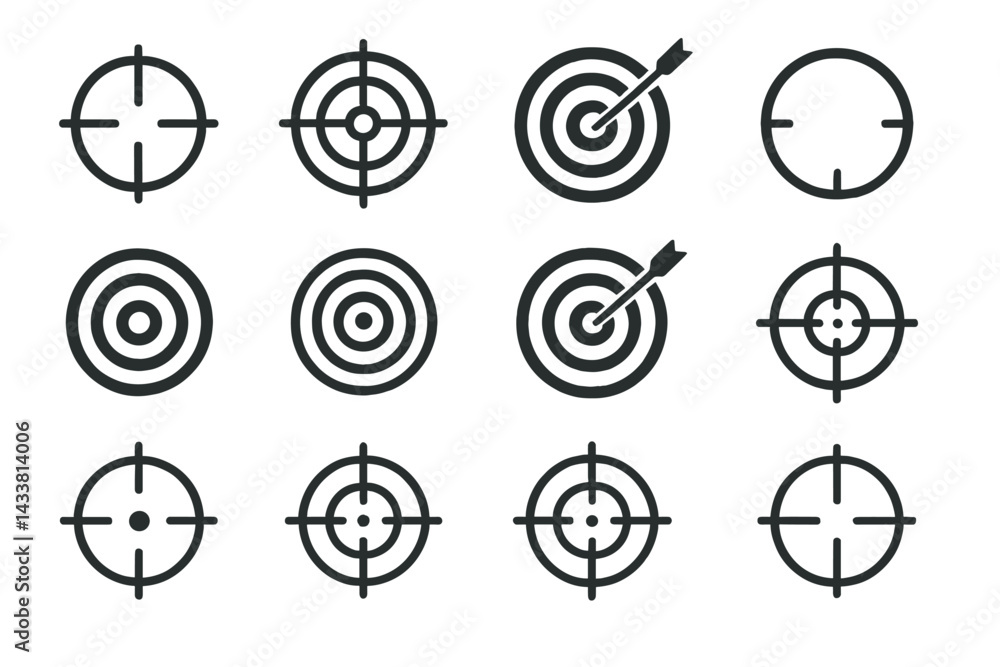 Poster diverse icon set featuring various target designs showing different styles and complexities for digi