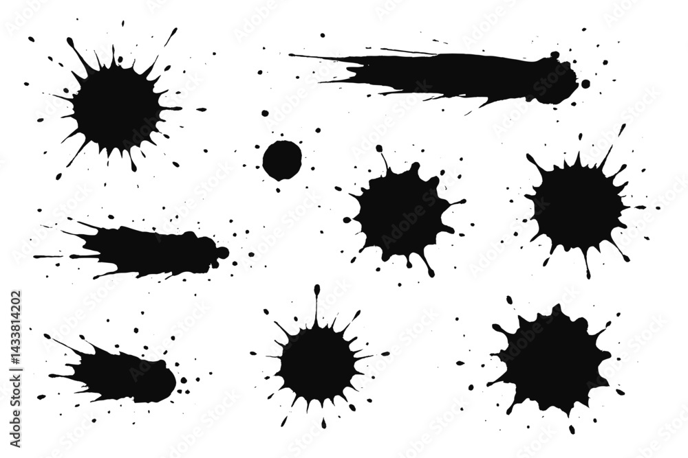 Poster black ink splash icon set featuring various shapes and sizes suitable for graphic design projects