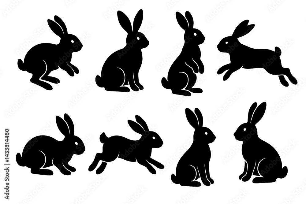 Poster unique icon set featuring various silhouettes of rabbits in dynamic poses for design projects and il