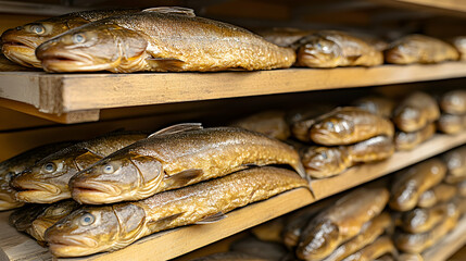 Fototapeta premium Smoked Fish on Wooden Shelves in a Fish Smokery