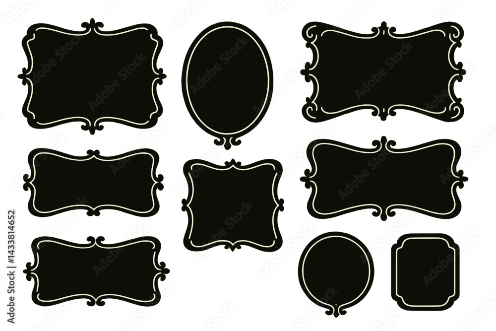 Poster unique decorative icon set featuring various black frames suitable for creative projects and design 