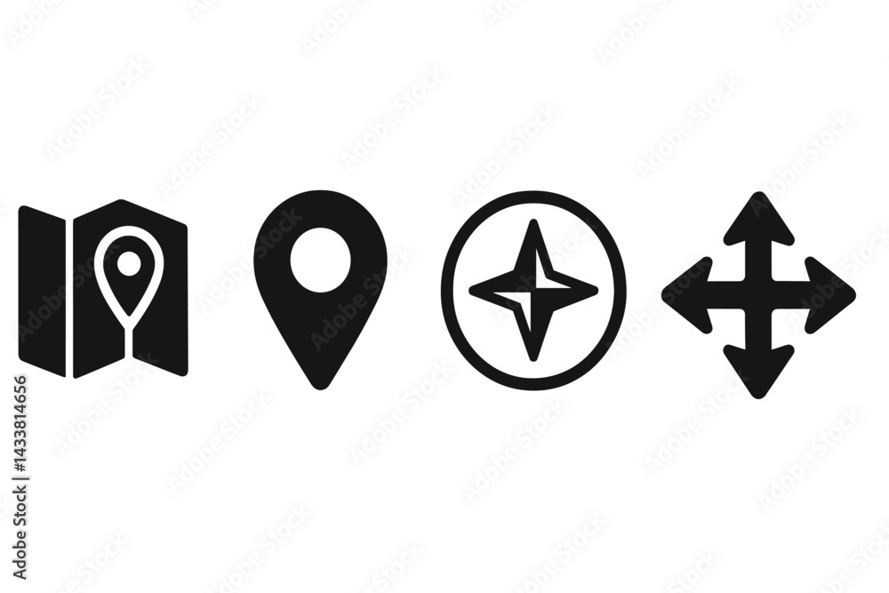 Poster collection of navigation and mapping icons representing different locations and directions for vario