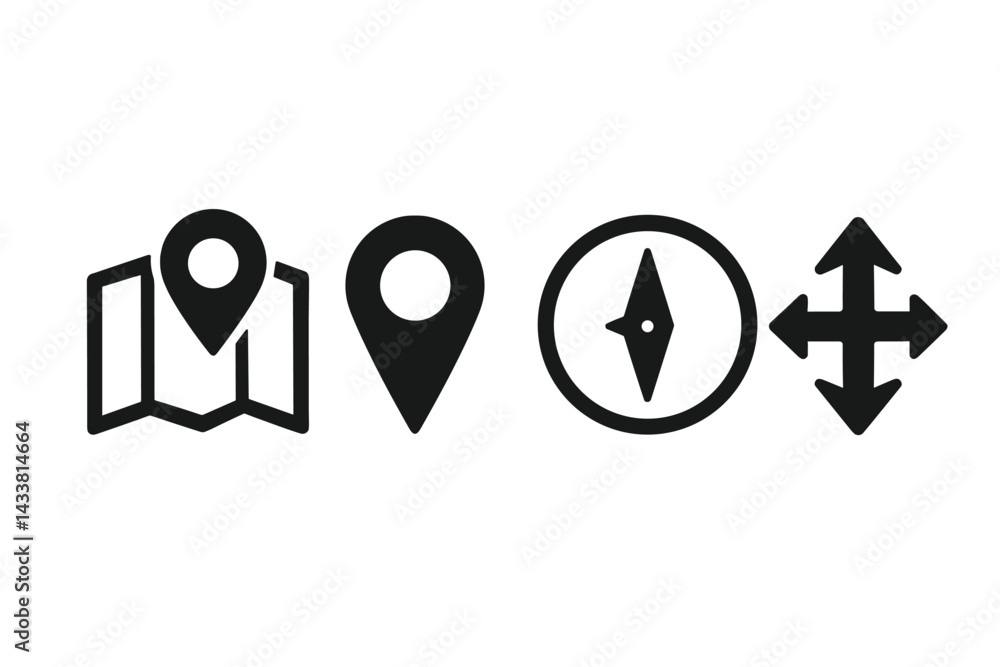 Poster icon set representing navigation, location, and direction for digital applications and user interfac