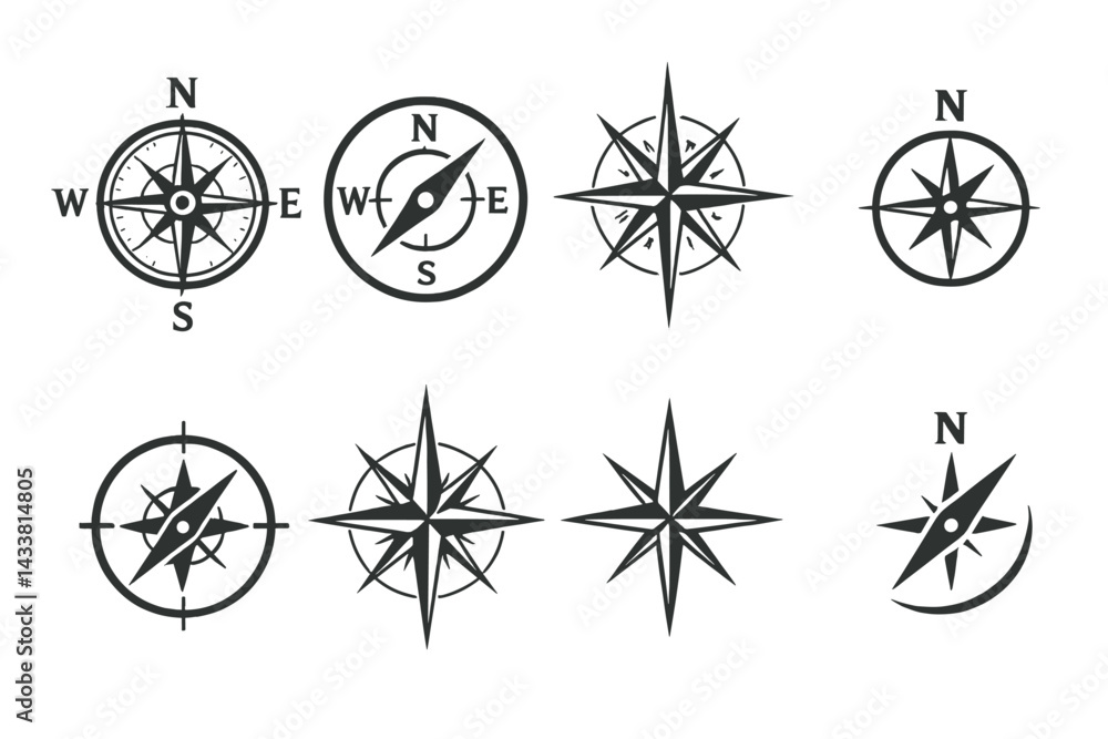 Aufkleber collection of various compass icons showcasing different styles and designs for navigation