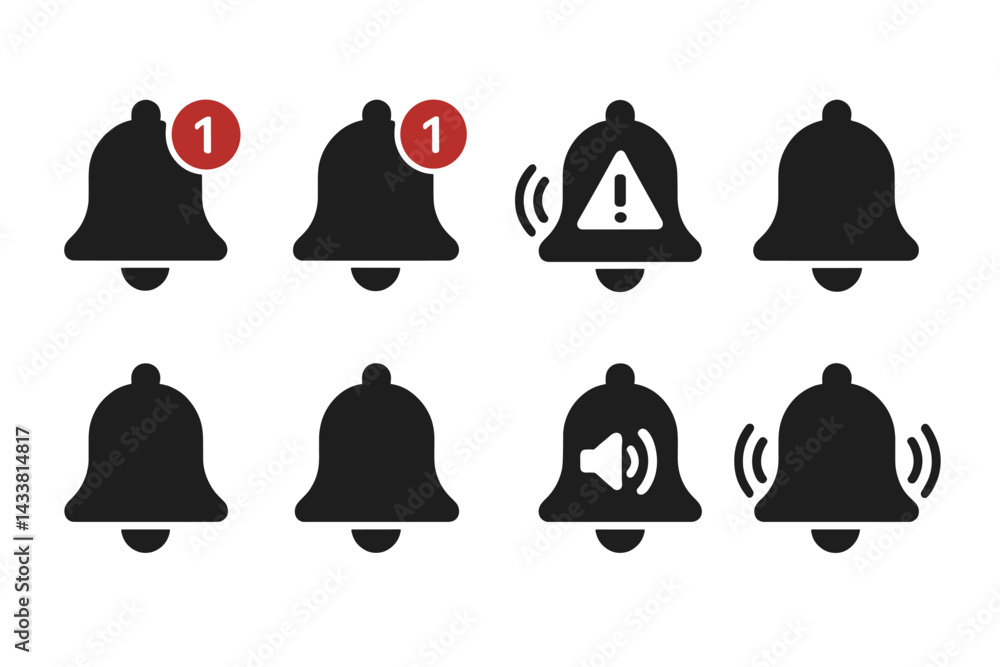 Poster icon set featuring notification bells with various indicators for alerts and sounds designed for mod
