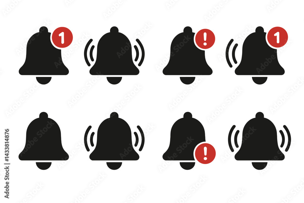 Poster icon set featuring notification bells with alert indicators for user engagement and interaction scen