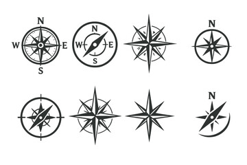 Collection of various compass icons showcasing different styles and designs for navigation