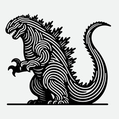 A bold graphic design of the iconic Godzilla, rendered in a unique line-art style.