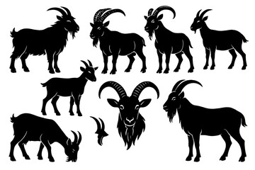 Various goat silhouettes showcasing different poses and characteristics in a simple icon set