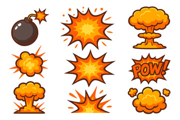 Icon set featuring explosive designs with bombs and various explosion effects in vibrant colors
