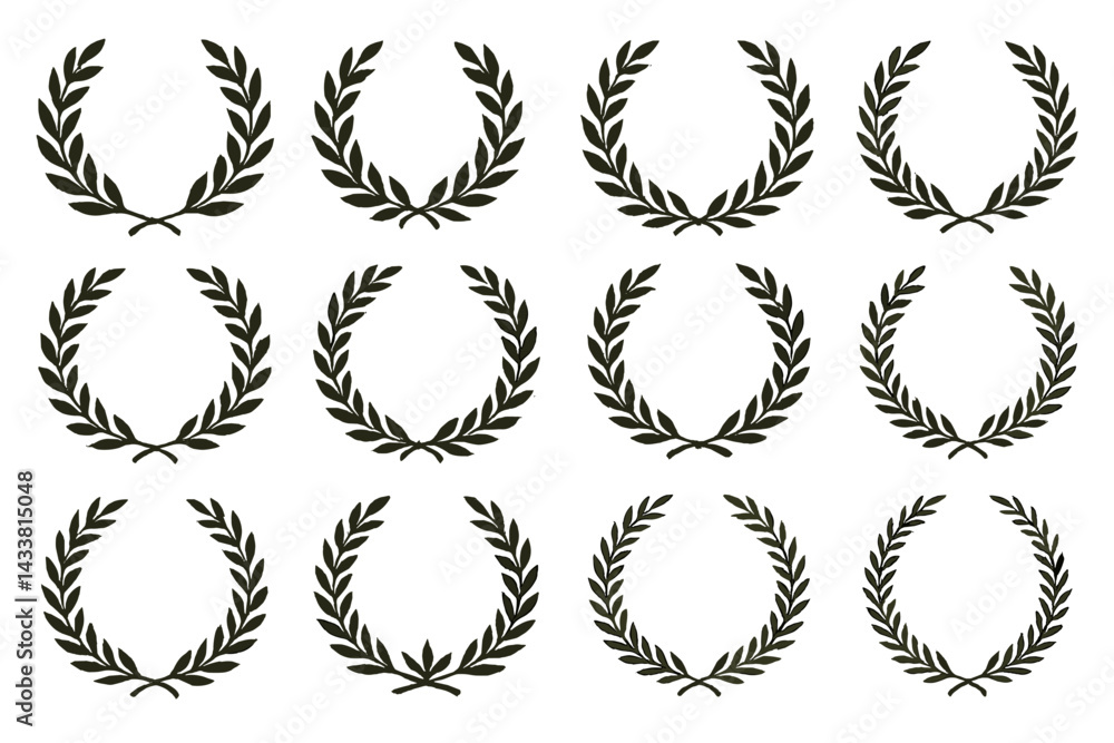 Poster collection of black olive wreath icons arranged in a grid pattern for creative design use