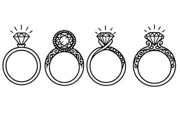 Stylized icon set featuring various ring designs with gemstones, showcasing elegance and creativity in jewelry craftsmanship