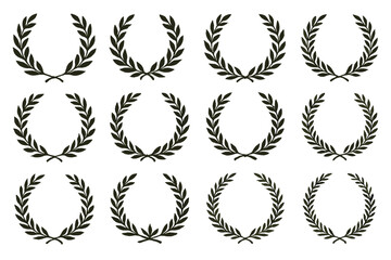 Collection of black olive wreath icons arranged in a grid pattern for creative design use
