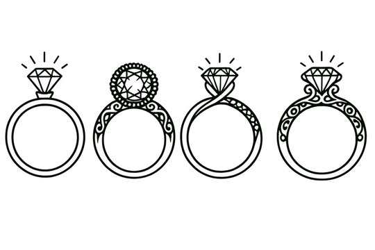 Stylized icon set featuring various ring designs with gemstones, showcasing elegance and creativity in jewelry craftsmanship