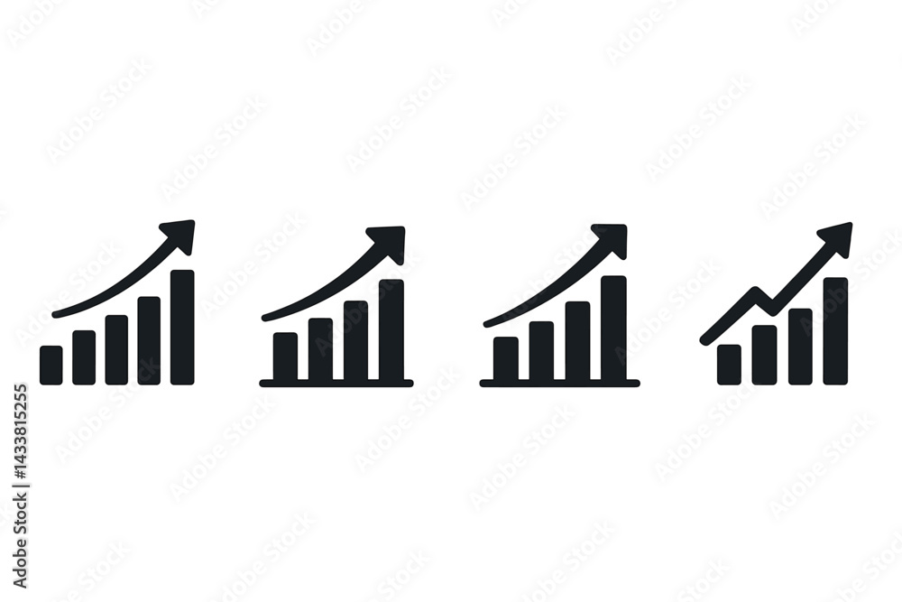 Poster icon set depicting rising bar graphs illustrating growth and progress in data visualization and anal