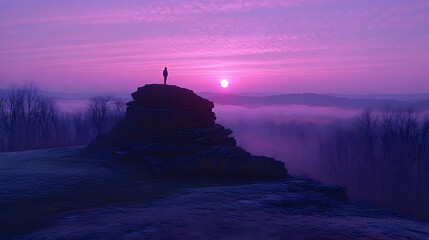 Solitary Figure at Sunrise Over Misty Valley