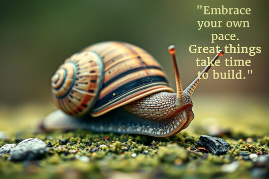 Macro garden snail with motivational quote about patience and embracing your own pace - Powered by Adobe