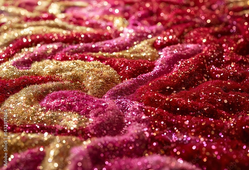 Poster a close-up macro shot displays a textured surface covered in shimmering gold and vibrant magenta gli