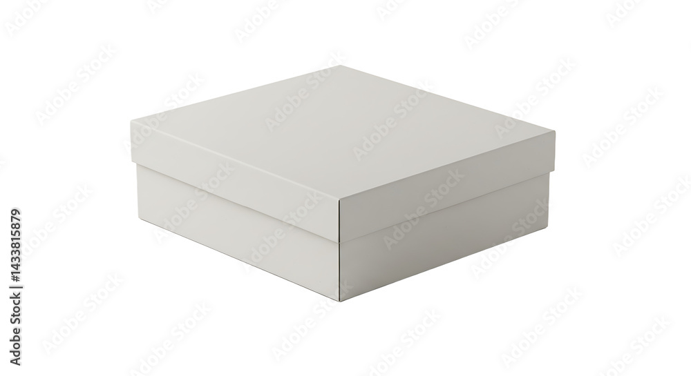 Poster a simple white square box with a lid sits on a black surface in a studio setting for product shot