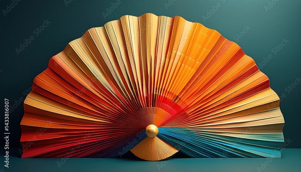 Poster artistic display of colorful paper fan studio setting decorative art minimalist background close-up 