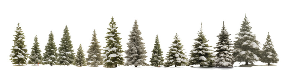 Fototapeta premium A group of snow covered christmas trees isolated on a transparent background in a winter scene view png