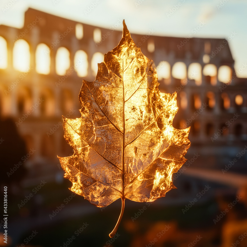 Poster a leaf is shown in front of a large building. the leaf is golden and has a frosty appearance. the bu