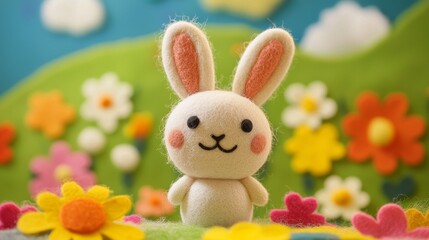 Fototapeta premium Adorable handmade wool felt Easter bunny figurine amidst vibrant spring flowers.