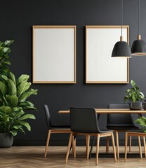 Fototapeta premium Modern Minimalist Dining Room Interior with Dark Walls and Black Chairs