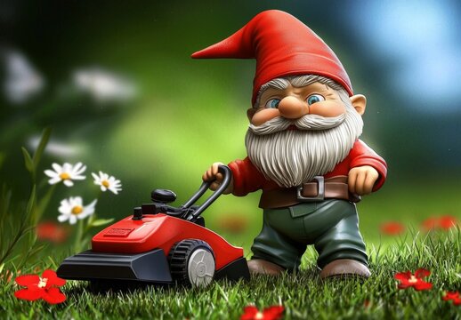 Cheerful garden gnome expertly mowing the lawn.