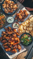 Wooden table showcasing a feast of roasted chicken wings, crispy potato chips, fried chicken bites, fresh salad, and two dipping sauces, perfect for summer gatherings