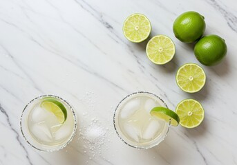 Two delicious margaritas with fresh limes and ice, perfect for a summer party on a white marble table.