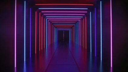 Vibrant neon lights illuminate a futuristic tunnel, creating a captivating, symmetrical perspective