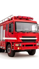 A vibrant red firetruck, fully equipped with rescue apparatus, stands against a stark white backdrop