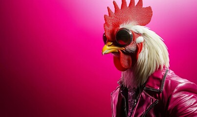 Playful chicken representation showcasing disco fashion and style.