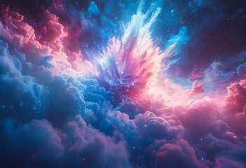 Fototapeta premium a vibrant and ethereal nebula bursts with swirling clouds of pink, blue, and violet against a backdrop of distant stars.
